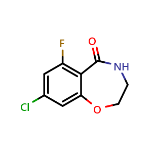 Chemical structure of 8-chloro-6-fluoro-2,3,4,5-tetrahydro-1,4-benzoxazepin-5-one , CAS 1472038-60-0, AChemBlock S79762