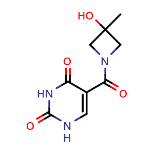 Chemical structure of 5-(3-hydroxy-3-methyl-azetidine-1-carbonyl)-1H-pyrimidine-2,4-dione , CAS 1467999-93-4, AChemBlock S79774