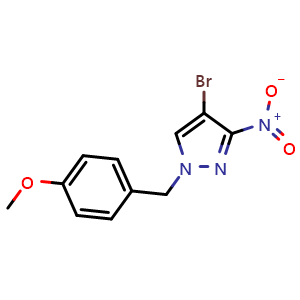 Chemical structure of 4-bromo-1-[(4-methoxyphenyl)methyl]-3-nitro-1H-pyrazole , CAS 1455366-34-3, AChemBlock S79802