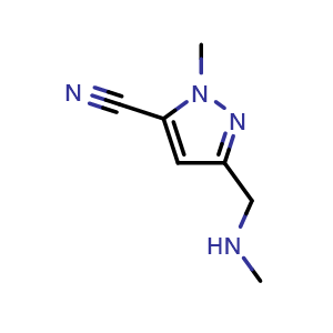 Chemical structure of 2-methyl-5-(methylaminomethyl)pyrazole-3-carbonitrile , CAS 1454852-76-6, AChemBlock S79805