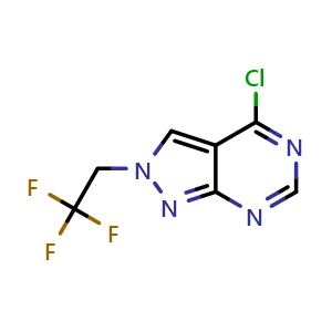 Chemical structure of 4-chloro-2-(2,2,2-trifluoroethyl)pyrazolo[3,4-d]pyrimidine , CAS 1450917-13-1, AChemBlock S79824