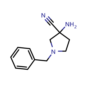 Chemical structure of 3-amino-1-benzyl-pyrrolidine-3-carbonitrile , CAS 145090-28-4, AChemBlock S79825