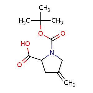 Chemical structure of 1-[(tert-butoxy)carbonyl]-4-methylidenepyrrolidine-2-carboxylic acid , CAS 144539-45-7, AChemBlock S79869