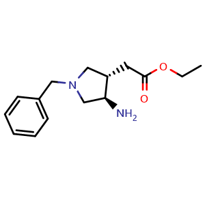 Chemical structure of ethyl 2-[trans-4-amino-1-benzylpyrrolidin-3-yl]acetate , CAS 144017-84-5, AChemBlock S79913