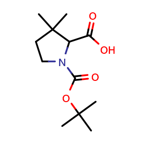 Chemical structure of 1-[(tert-butoxy)carbonyl]-3,3-dimethylpyrrolidine-2-carboxylic acid , CAS 143979-40-2, AChemBlock S79917