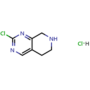 Chemical structure of 2-chloro-5H,6H,7H,8H-pyrido[3,4-d]pyrimidine hydrochloride , CAS 1432795-17-9, AChemBlock S79955