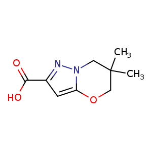 Chemical structure of 6,6-dimethyl-5H,6H,7H-pyrazolo[3,2-b][1,3]oxazine-2-carboxylic acid , CAS 1428234-36-9, AChemBlock S80004