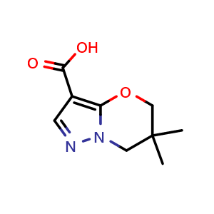 Chemical structure of 6,6-dimethyl-5H,6H,7H-pyrazolo[3,2-b][1,3]oxazine-3-carboxylic acid , CAS 1428233-75-3, AChemBlock S80006