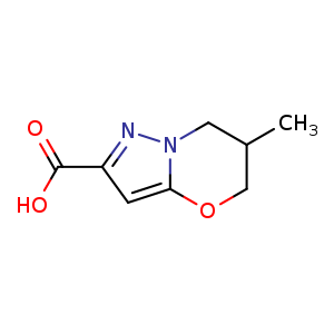 Chemical structure of 6-methyl-5H,6H,7H-pyrazolo[3,2-b][1,3]oxazine-2-carboxylic acid , CAS 1428233-09-3, AChemBlock S80008