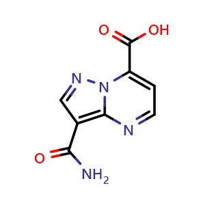 Chemical structure of 3-carbamoylpyrazolo[1,5-a]pyrimidine-7-carboxylic acid , CAS 1424612-37-2, AChemBlock S80050