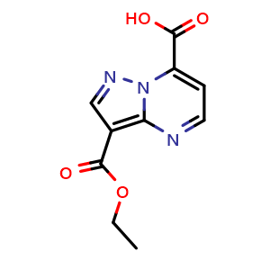 Chemical structure of 3-(ethoxycarbonyl)pyrazolo[1,5-a]pyrimidine-7-carboxylic acid , CAS 1423182-25-5, AChemBlock S80055