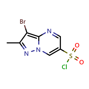 Chemical structure of 3-bromo-2-methylpyrazolo[1,5-a]pyrimidine-6-sulfonyl chloride , CAS 1423030-98-1, AChemBlock S80068