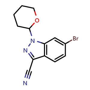 Chemical structure of 6-bromo-1-(oxan-2-yl)-1H-indazole-3-carbonitrile , CAS 1421503-37-8, AChemBlock S80090