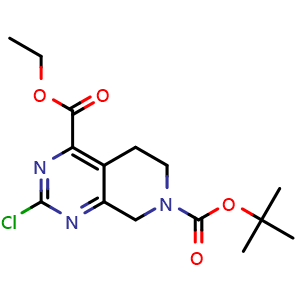 Chemical structure of 7-tert-butyl 4-ethyl 2-chloro-5H,6H,7H,8H-pyrido[3,4-d]pyrimidine-4,7-dicarboxylate , CAS 1419101-04-4, AChemBlock S80104
