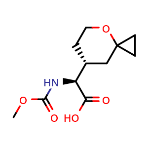 Chemical structure of (2S)-2-(methoxycarbonylamino)-2-[(7R)-4-oxaspiro[2.5]octan-7-yl]acetic acid , CAS 1412807-17-0, AChemBlock S80150