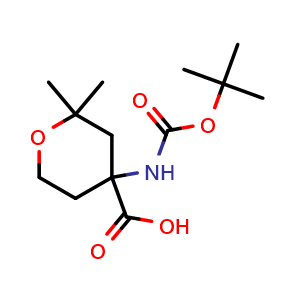 Chemical structure of 4-{[(tert-butoxy)carbonyl]amino}-2,2-dimethyloxane-4-carboxylic acid , CAS 1404840-07-8, AChemBlock S80176
