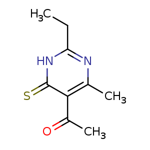 Chemical structure of 1-(2-ethyl-4-methyl-6-sulfanylidene-1,6-dihydropyrimidin-5-yl)ethan-1-one , CAS 13995-64-7, AChemBlock S80214