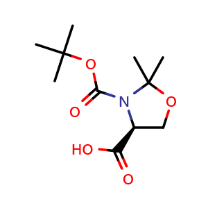 Chemical structure of (4S)-3-[(tert-butoxy)carbonyl]-2,2-dimethyl-1,3-oxazolidine-4-carboxylic acid , CAS 139009-66-8, AChemBlock S80311