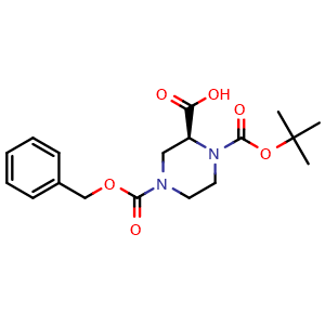 Chemical structure of (2S)-4-benzyloxycarbonyl-1-tert-butoxycarbonyl-piperazine-2-carboxylic acid , CAS 138775-03-8, AChemBlock S80323