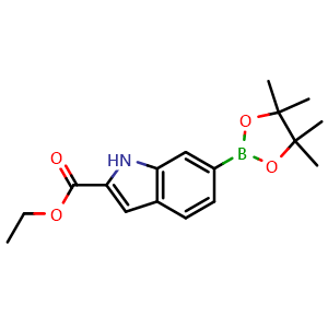 Chemical structure of ethyl 6-(4,4,5,5-tetramethyl-1,3,2-dioxaborolan-2-yl)-1H-indole-2-carboxylate , CAS 1376938-36-1, AChemBlock S80410