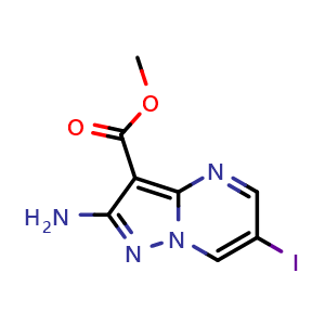 Chemical structure of methyl 2-amino-6-iodopyrazolo[1,5-a]pyrimidine-3-carboxylate , CAS 1375087-39-0, AChemBlock S80429