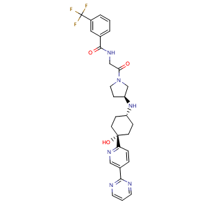 Chemical structure of N-(2-((S)-3-(((1s,4R)-4-hydroxy-4-(5-(pyrimidin-2-yl)pyridin-2-yl)cyclohexyl)amino)pyrrolidin-1-yl)-2-oxoethyl)-3-(trifluoromethyl)benzamide , CAS 1372407-07-2, AChemBlock S80460