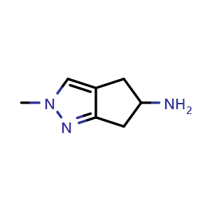 Chemical structure of 2-methyl-5,6-dihydro-4H-cyclopenta[c]pyrazol-5-amine , CAS 1368127-71-2, AChemBlock S80540