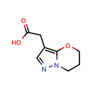 Chemical structure of 2-{5H,6H,7H-pyrazolo[3,2-b][1,3]oxazin-3-yl}acetic acid , CAS 1365959-01-8, AChemBlock S80571