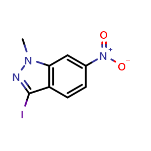 Chemical structure of 3-iodo-1-methyl-6-nitro-indazole , CAS 1363382-12-0, AChemBlock S80601