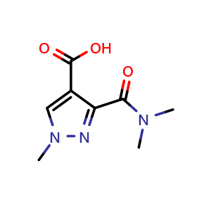 Chemical structure of 3-(dimethylcarbamoyl)-1-methyl-1H-pyrazole-4-carboxylic acid , CAS 135811-19-7, AChemBlock S80660