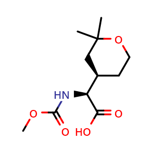 Chemical structure of (2S)-2-[(4R)-2,2-dimethyltetrahydropyran-4-yl]-2-(methoxycarbonylamino)acetic acid , CAS 1352931-26-0, AChemBlock S80772