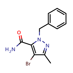 Chemical structure of 2-benzyl-4-bromo-5-methyl-pyrazole-3-carboxamide , CAS 1352926-13-6, AChemBlock S80773