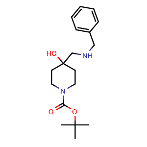 Chemical structure of tert-butyl 4-[(benzylamino)methyl]-4-hydroxy-piperidine-1-carboxylate , CAS 1352925-68-8, AChemBlock S80777