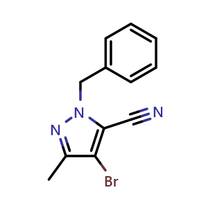 Chemical structure of 2-benzyl-4-bromo-5-methyl-pyrazole-3-carbonitrile , CAS 1352925-64-4, AChemBlock S80778