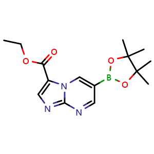 Chemical structure of Ethyl 6-(4,4,5,5-tetramethyl-1,3,2-dioxaborolan-2-yl)imidazo[1,2-a]pyrimidine-3-carboxylate , CAS 1352575-21-3, AChemBlock S80791