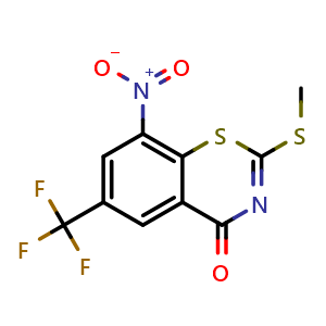 Chemical structure of 2-methylsulfanyl-8-nitro-6-(trifluoromethyl)-1,3-benzothiazin-4-one , CAS 1344087-73-5, AChemBlock S80897