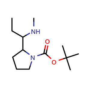 Chemical structure of tert-butyl 2-[1-(methylamino)propyl]pyrrolidine-1-carboxylate , CAS 1334489-32-5, AChemBlock S81047