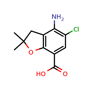 Chemical structure of 4-amino-5-chloro-2,2-dimethyl-2,3-dihydro-1-benzofuran-7-carboxylic acid , CAS 132976-67-1, AChemBlock S81081