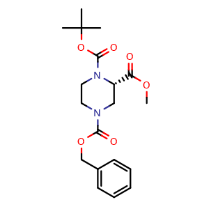 Chemical structure of 4-benzyl 1-(tert-butyl) 2-methyl (S)-piperazine-1,2,4-tricarboxylate , CAS 1313278-42-0, AChemBlock S81182