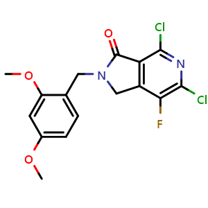 Chemical structure of 4,6-dichloro-2-[(2,4-dimethoxyphenyl)methyl]-7-fluoro-1H,2H,3H-pyrrolo[3,4-c]pyridin-3-one , CAS 1312691-38-5, AChemBlock S81194