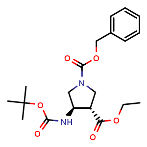 Chemical structure of Trans-1-benzyl 3-ethyl-4-{[(tert-butoxy)carbonyl]amino}pyrrolidine-1,3-dicarboxylate , CAS 1311254-40-6, AChemBlock S81209