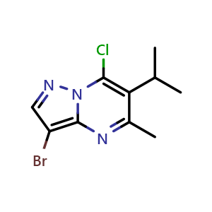 Chemical structure of 3-bromo-7-chloro-5-methyl-6-(propan-2-yl)pyrazolo[1,5-a]pyrimidine , CAS 1310287-68-3, AChemBlock S81228