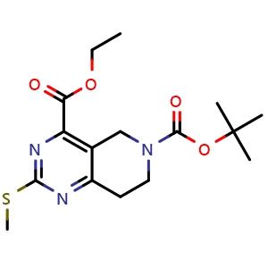 Chemical structure of 6-tert-butyl 4-ethyl 2-(methylsulfanyl)-5H,6H,7H,8H-pyrido[4,3-d]pyrimidine-4,6-dicarboxylate , CAS 1279816-50-0, AChemBlock S81383