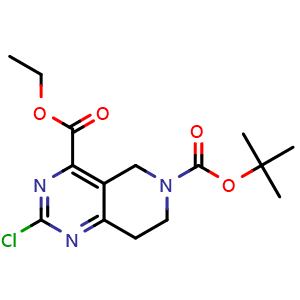 Chemical structure of 6-tert-butyl 4-ethyl 2-chloro-5H,6H,7H,8H-pyrido[4,3-d]pyrimidine-4,6-dicarboxylate , CAS 1279816-32-8, AChemBlock S81384