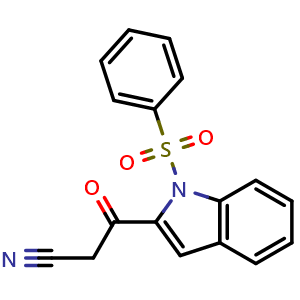 Chemical structure of 3-[1-(benzenesulfonyl)-1H-indol-2-yl]-3-oxopropanenitrile , CAS 1265234-00-1, AChemBlock S81462