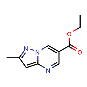 Chemical structure of ethyl 2-methylpyrazolo[1,5-a]pyrimidine-6-carboxylate , CAS 1263061-14-8, AChemBlock S81489