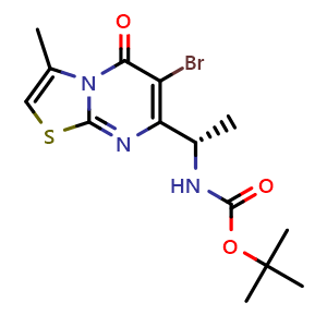Chemical structure of tert-butyl N-[(1S)-1-{6-bromo-3-methyl-5-oxo-5H-[1,3]thiazolo[3,2-a]pyrimidin-7-yl}ethyl]carbamate , CAS 1262441-69-9, AChemBlock S81502