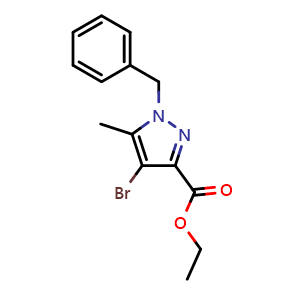 Chemical structure of ethyl 1-benzyl-4-bromo-5-methyl-pyrazole-3-carboxylate , CAS 1262415-66-6, AChemBlock S81505