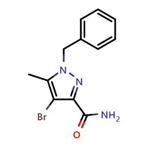 Chemical structure of 1-benzyl-4-bromo-5-methyl-pyrazole-3-carboxamide , CAS 1262414-75-4, AChemBlock S81506