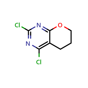 Chemical structure of 2,4-dichloro-5H,6H,7H-pyrano[2,3-d]pyrimidine , CAS 1260088-95-6, AChemBlock S81598